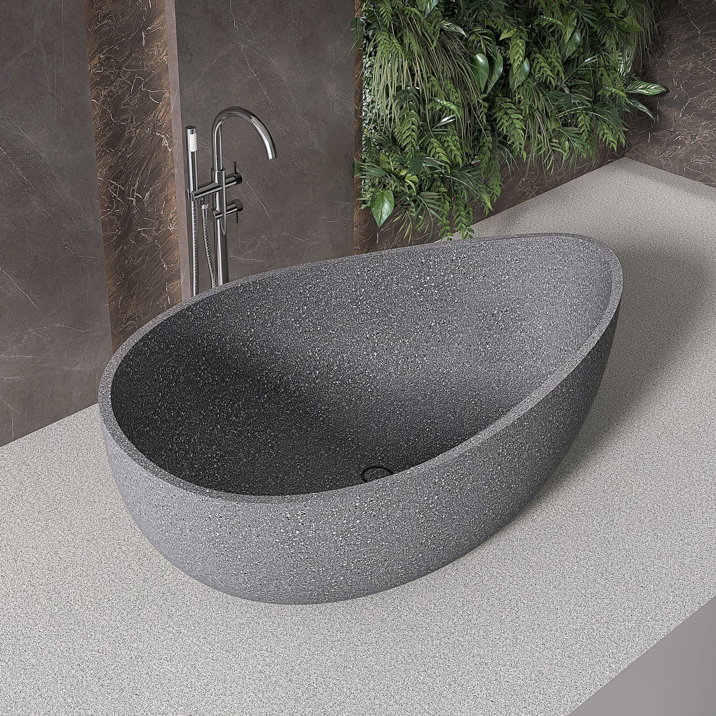 65'' Stone Resin Freestanding Bathtub, Elegant Oval Shape Soaking Tub, Solid Surface Stand Alone Bathtub with Drain & Without overflow outlet Cement grey