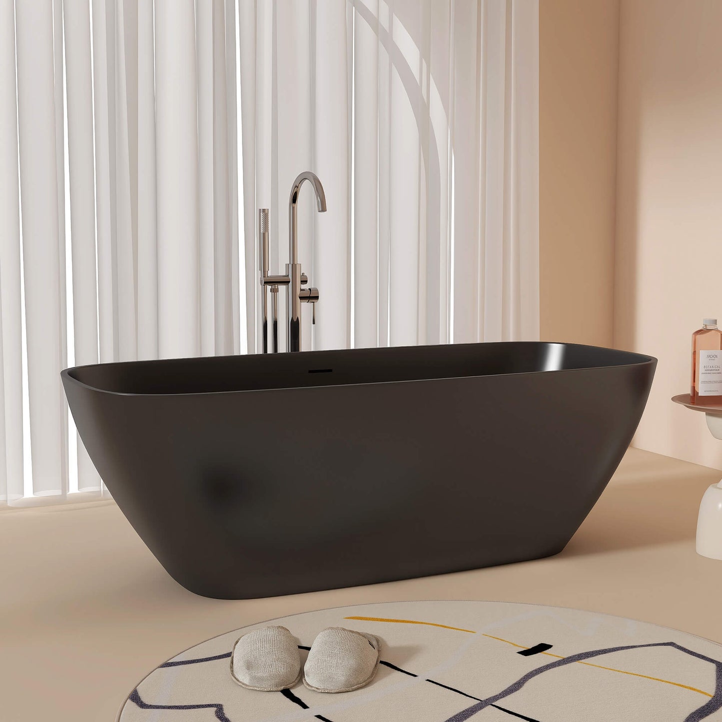 Medunjess 67'' Freestanding Soaking Bathtub Solid Surface Soaking Tubs in Matte Black