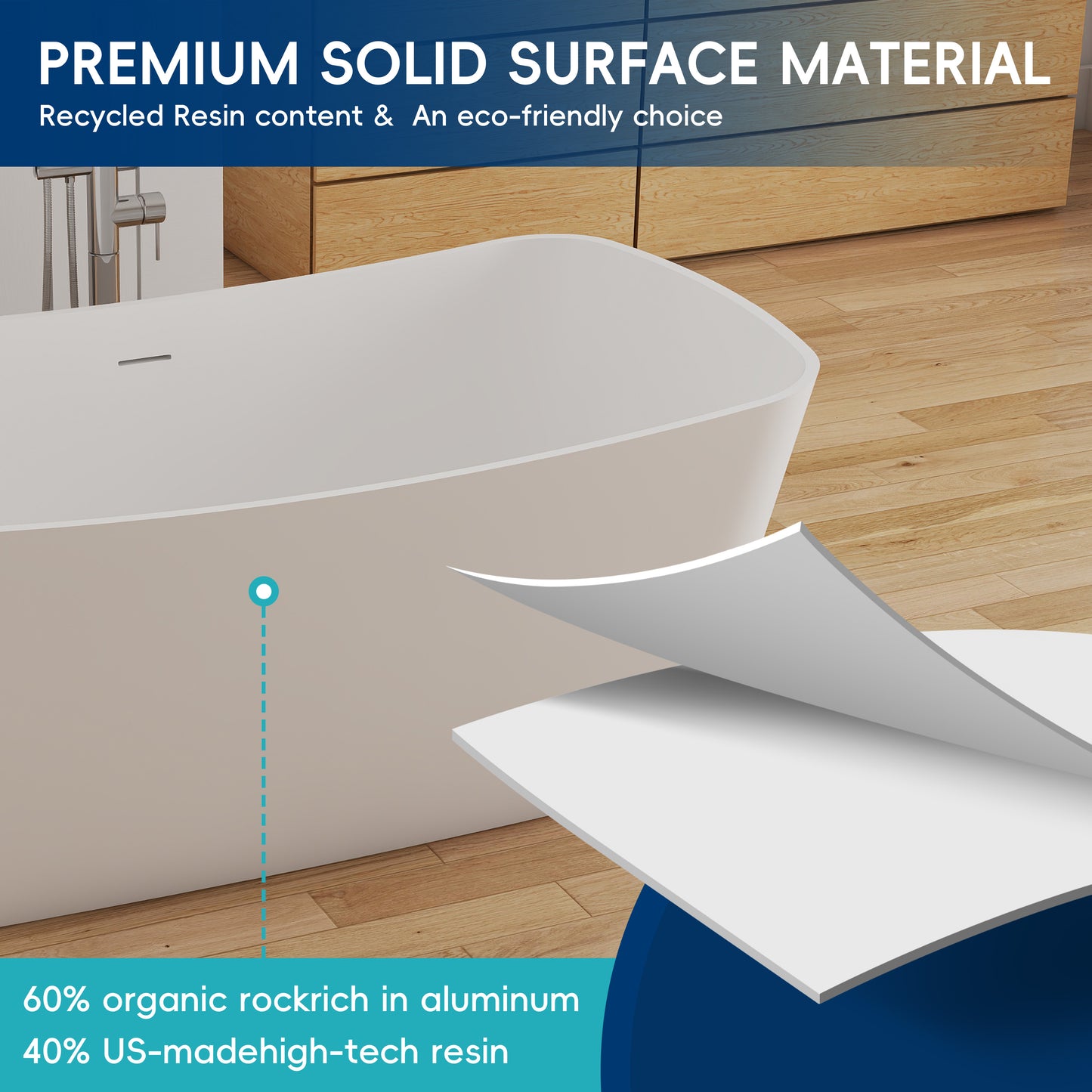 Medunjess 57" Solid Surface Freestanding Bathtub Matte White Ergonomic Resin Stone Bath Tub