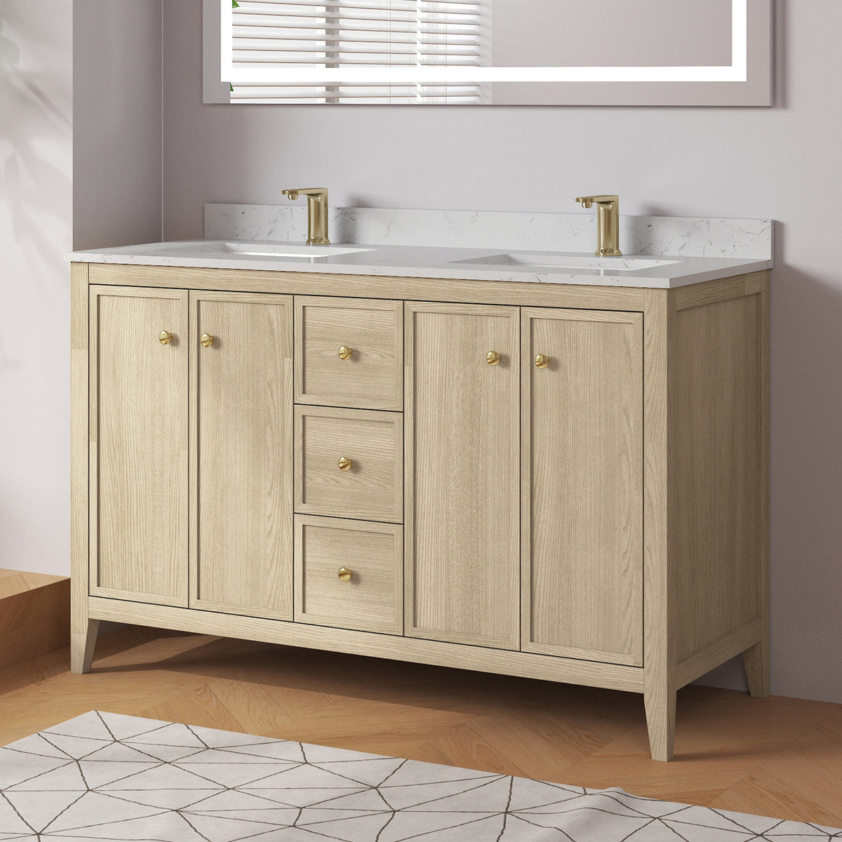 Medunjess 54" Freestanding Double Sink Bathroom Vanity Set with Engineered Stone Countertop & Undermount Sinks - Natural Oak