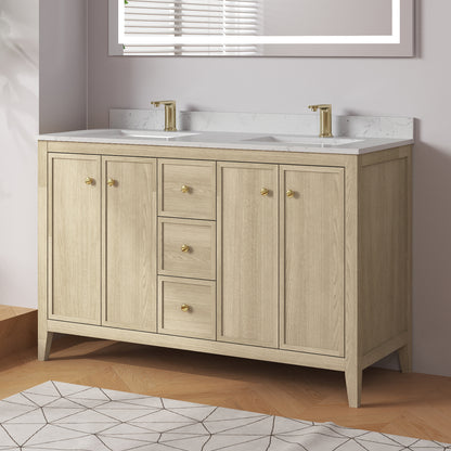 Medunjess 54" Freestanding Double Sink Bathroom Vanity Set with Engineered Stone Countertop & Undermount Sinks - Natural Oak