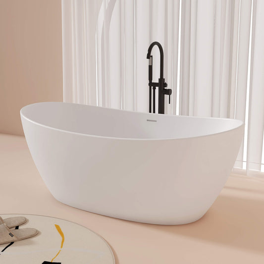 Medunjess 65'' Freestanding Bathtub Solid Surface Deep Soaking Tubs Double Slippers