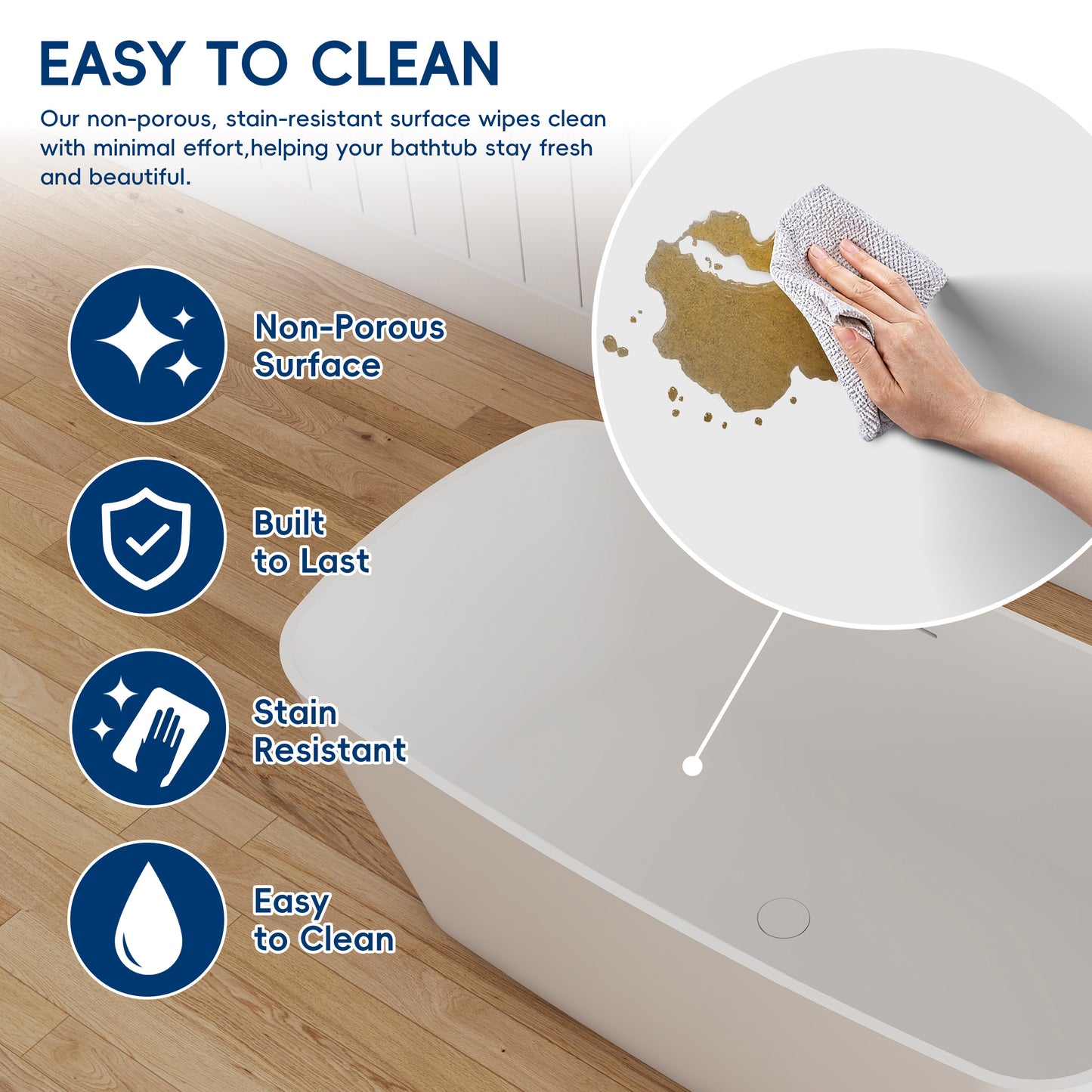 Medunjess 57" Solid Surface Freestanding Bathtub Matte White Ergonomic Resin Stone Bath Tub