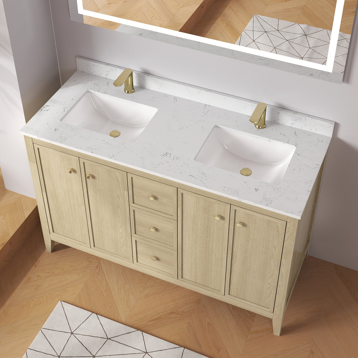 Medunjess 54" Freestanding Double Sink Bathroom Vanity Set with Engineered Stone Countertop & Undermount Sinks - Natural Oak