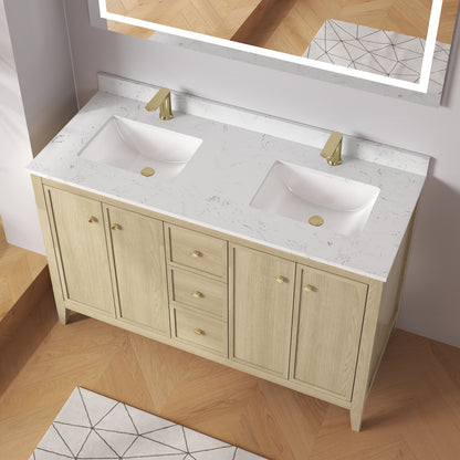 Medunjess 54" Freestanding Double Sink Bathroom Vanity Set with Engineered Stone Countertop & Undermount Sinks - Natural Oak