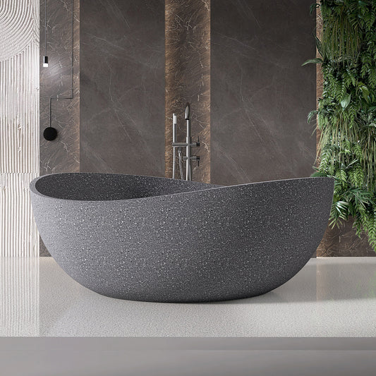 65'' Stone Resin Freestanding Bathtub, Elegant Oval Shape Soaking Tub, Solid Surface Stand Alone Bathtub with Drain & Without overflow outlet Cement grey