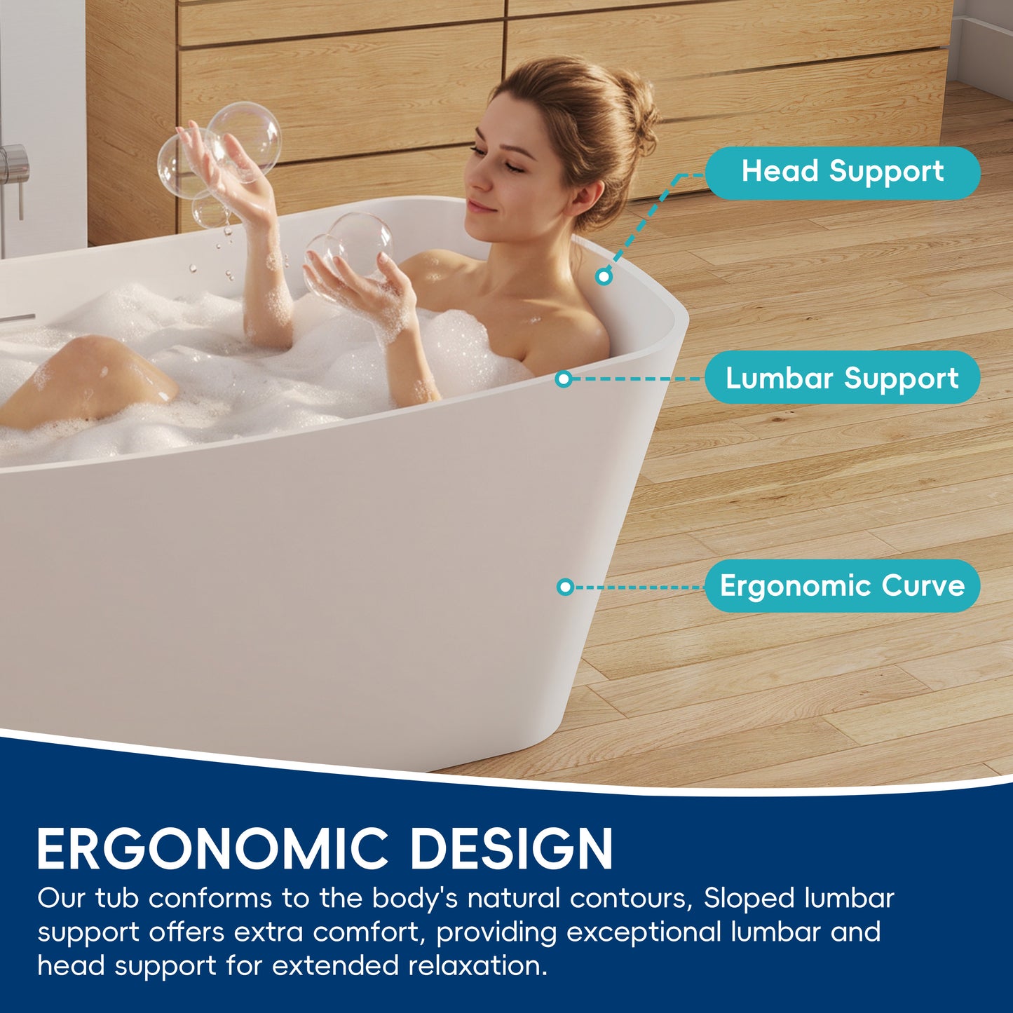 Medunjess 57" Solid Surface Freestanding Bathtub Matte White Ergonomic Resin Stone Bath Tub