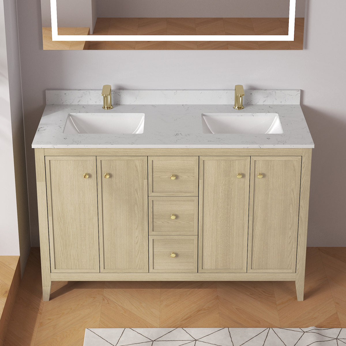 Medunjess 54" Freestanding Double Sink Bathroom Vanity Set with Engineered Stone Countertop & Undermount Sinks - Natural Oak