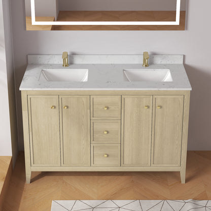 Medunjess 54" Freestanding Double Sink Bathroom Vanity Set with Engineered Stone Countertop & Undermount Sinks - Natural Oak