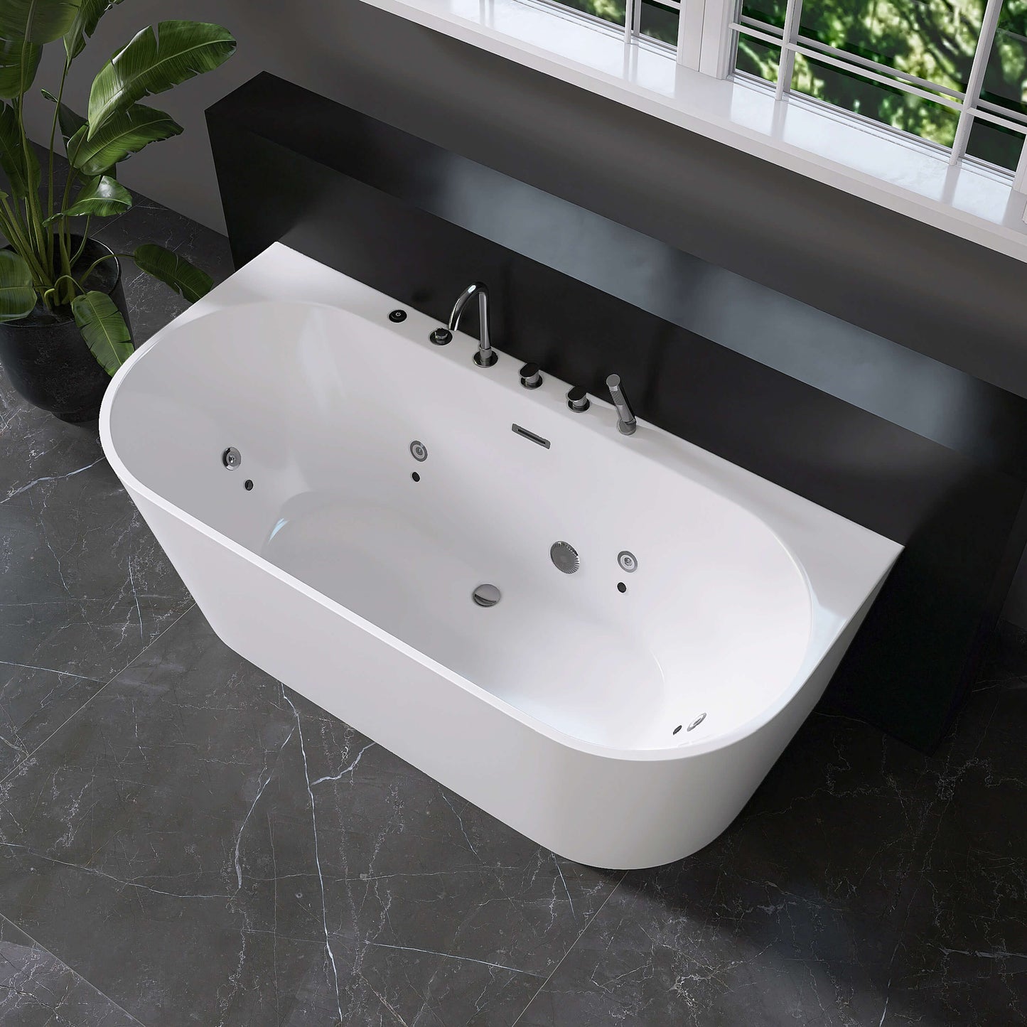 Medunjess 64” Streamline Freestanding acrylic massage bathtub，6-nozzle massage