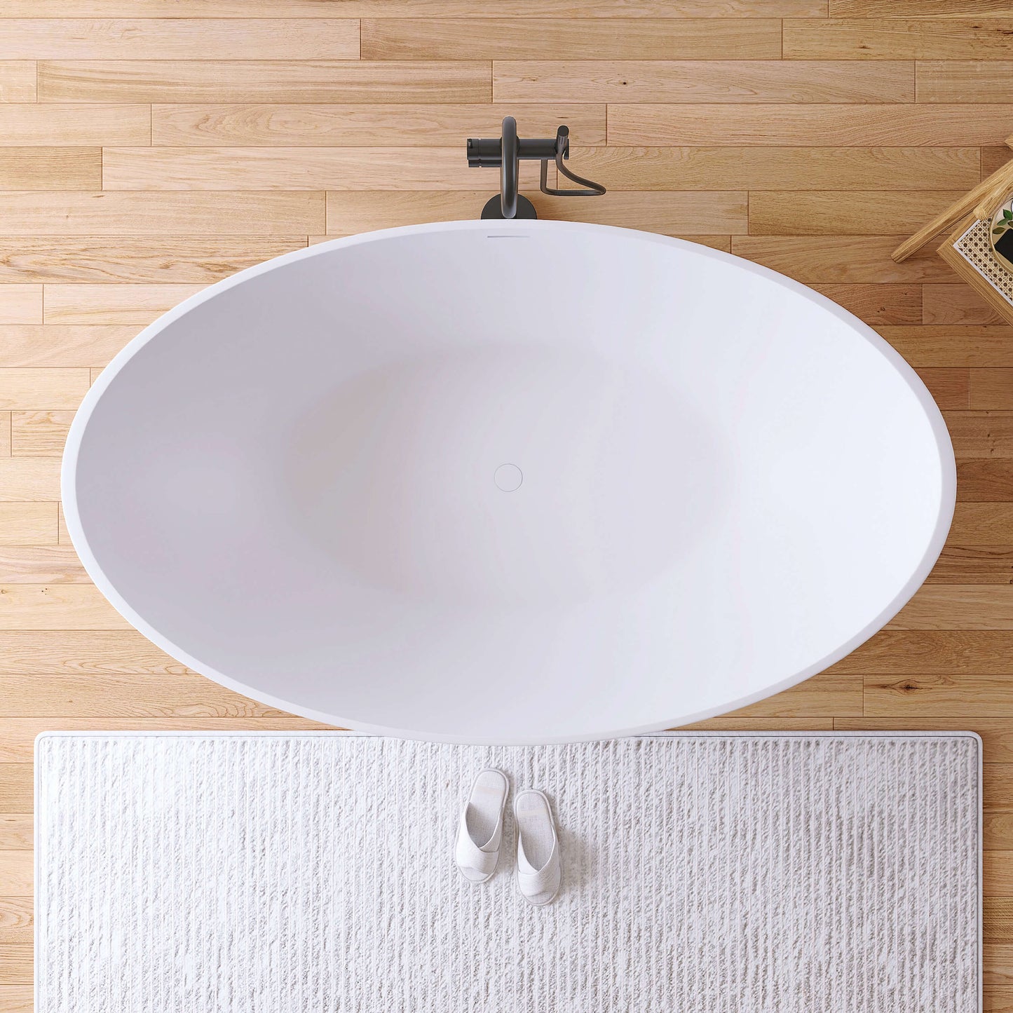 Medunjess 67" White Modern Freestanding Solid Surface Deep Soaking Bathtub for Two