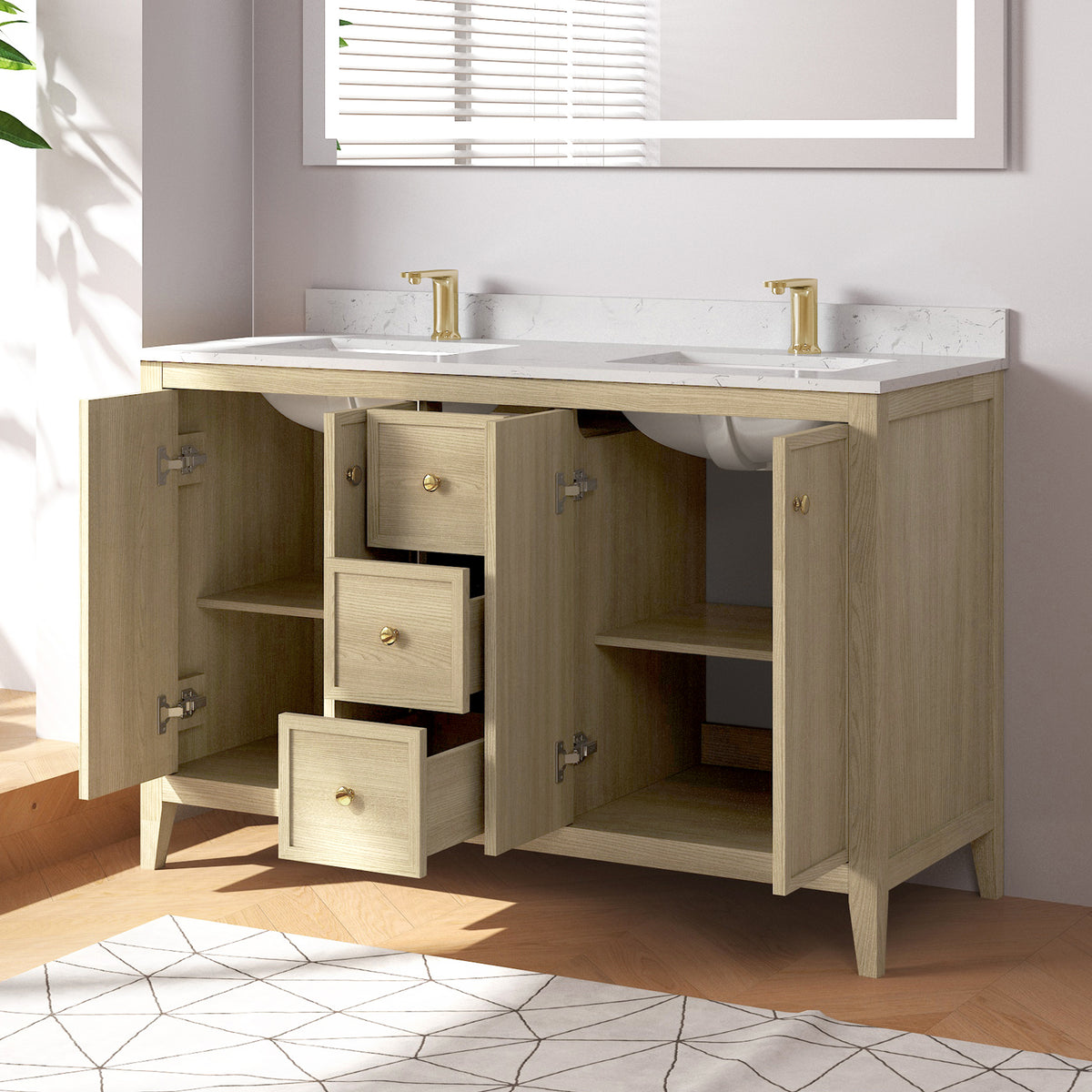 Medunjess 54" Freestanding Double Sink Bathroom Vanity Set with Engineered Stone Countertop & Undermount Sinks - Natural Oak