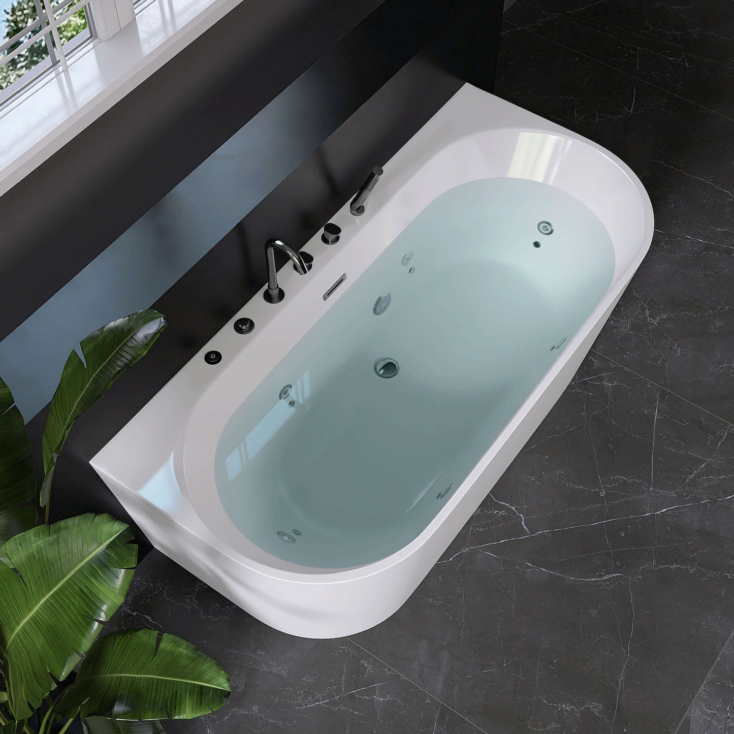 Medunjess 64” Streamline Freestanding acrylic massage bathtub，6-nozzle massage