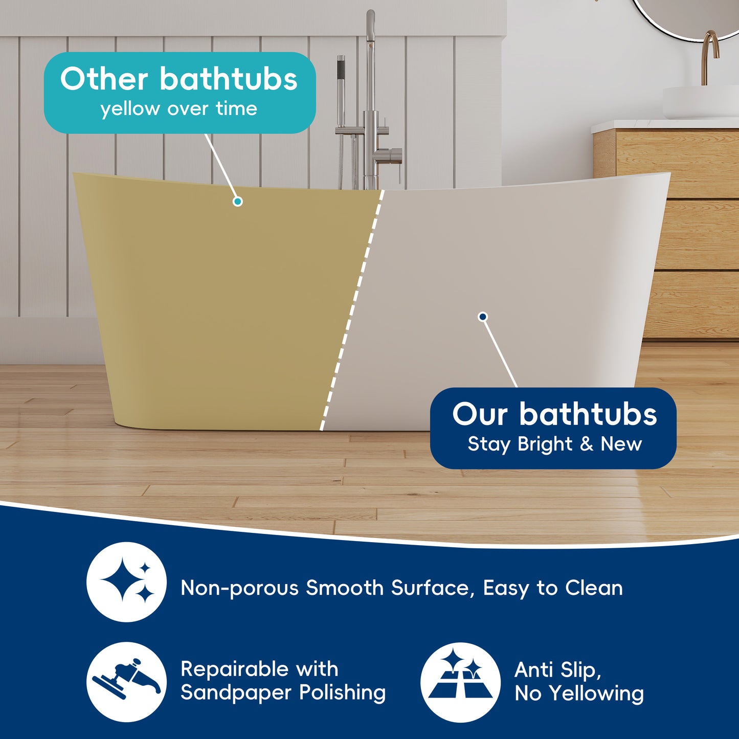 Medunjess 57" Solid Surface Freestanding Bathtub Matte White Ergonomic Resin Stone Bath Tub