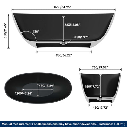 Medunjess 65" Black Oval Luxury Freestanding Solid Surface Resin Stone Soaking Tub