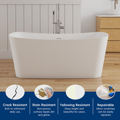 Medunjess 57" Solid Surface Freestanding Bathtub Matte White Ergonomic Resin Stone Bath Tub