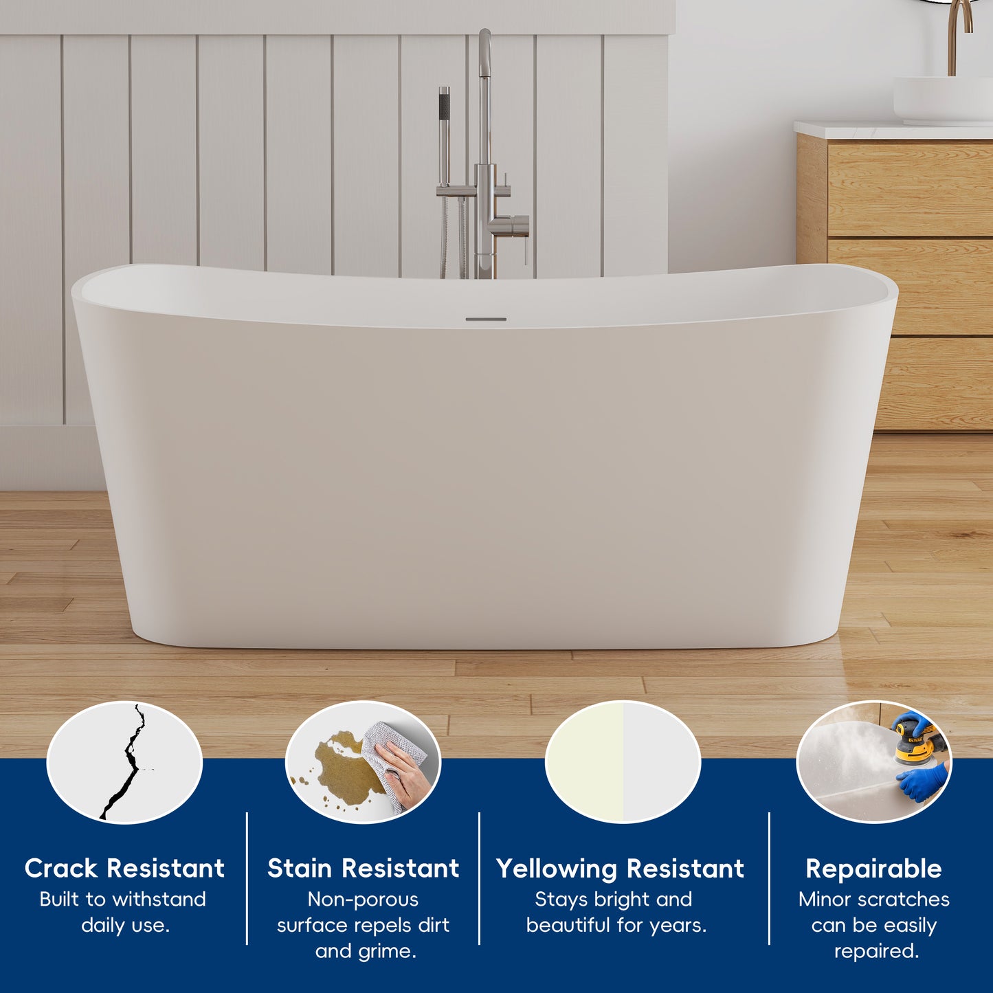 Medunjess 57" Solid Surface Freestanding Bathtub Matte White Ergonomic Resin Stone Bath Tub