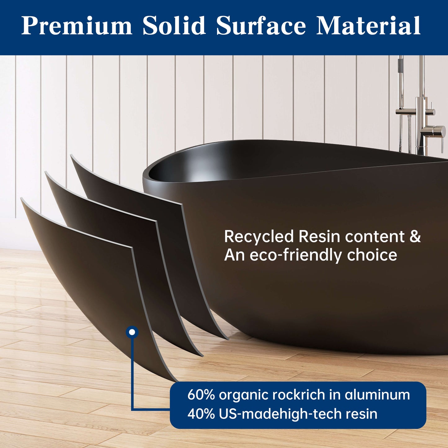 Medunjess 63" Wavy Freestanding Tub Solid Surface Freestadning Stone Resin Soaking Bathtub