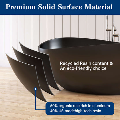 Medunjess 63" Wavy Freestanding Tub Solid Surface Freestadning Stone Resin Soaking Bathtub