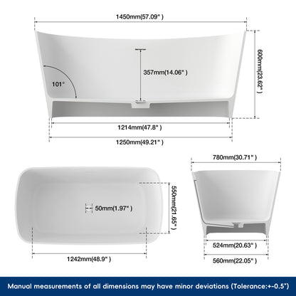 Medunjess 57" Solid Surface Freestanding Bathtub Matte White Ergonomic Resin Stone Bath Tub