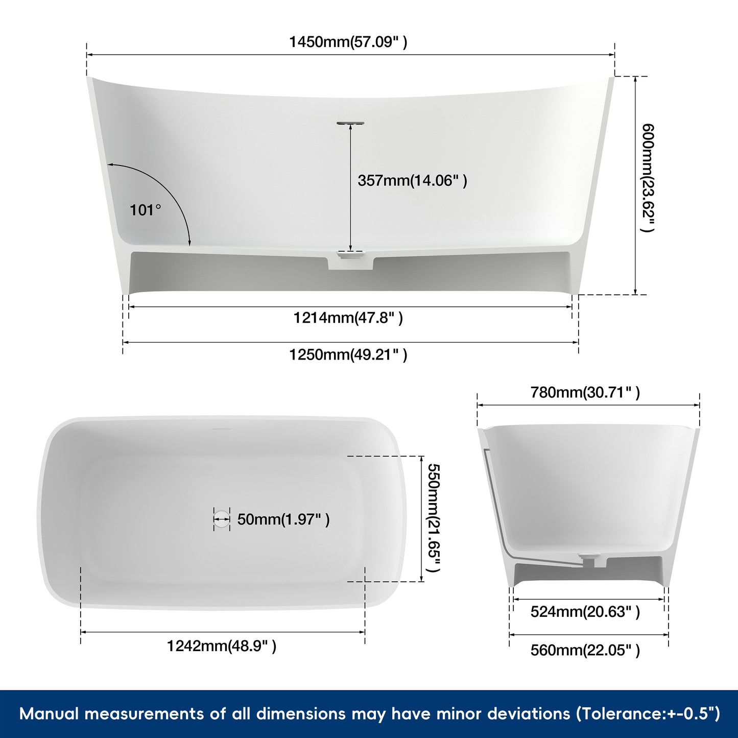 Medunjess 57" Solid Surface Freestanding Bathtub Matte White Ergonomic Resin Stone Bath Tub