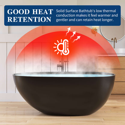 Medunjess 59'' Freestanding Tub Solid Surface Egg Shape Freestanding Soaking Tub,Black