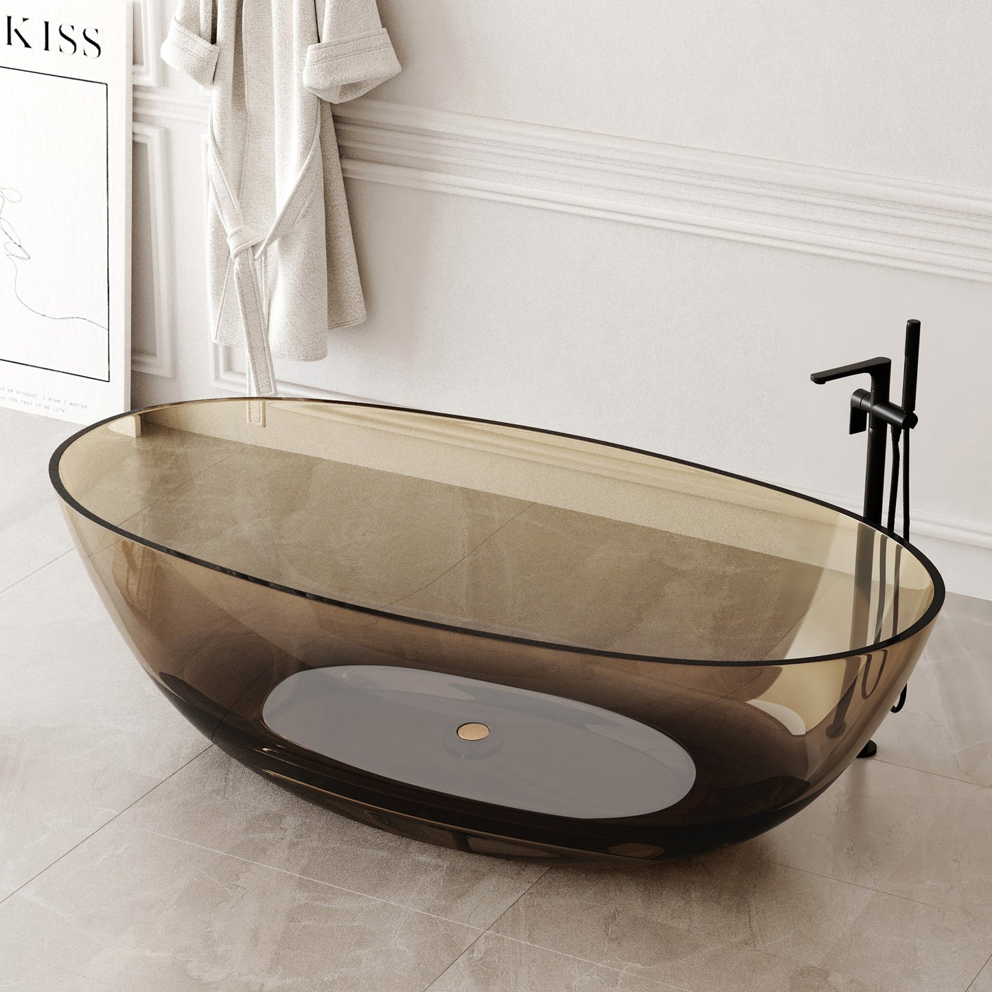 Medunjess 71" Freestanding Soaking Bahtutb Solid Surface Stone Resin Soaking Bathtub,Sepia