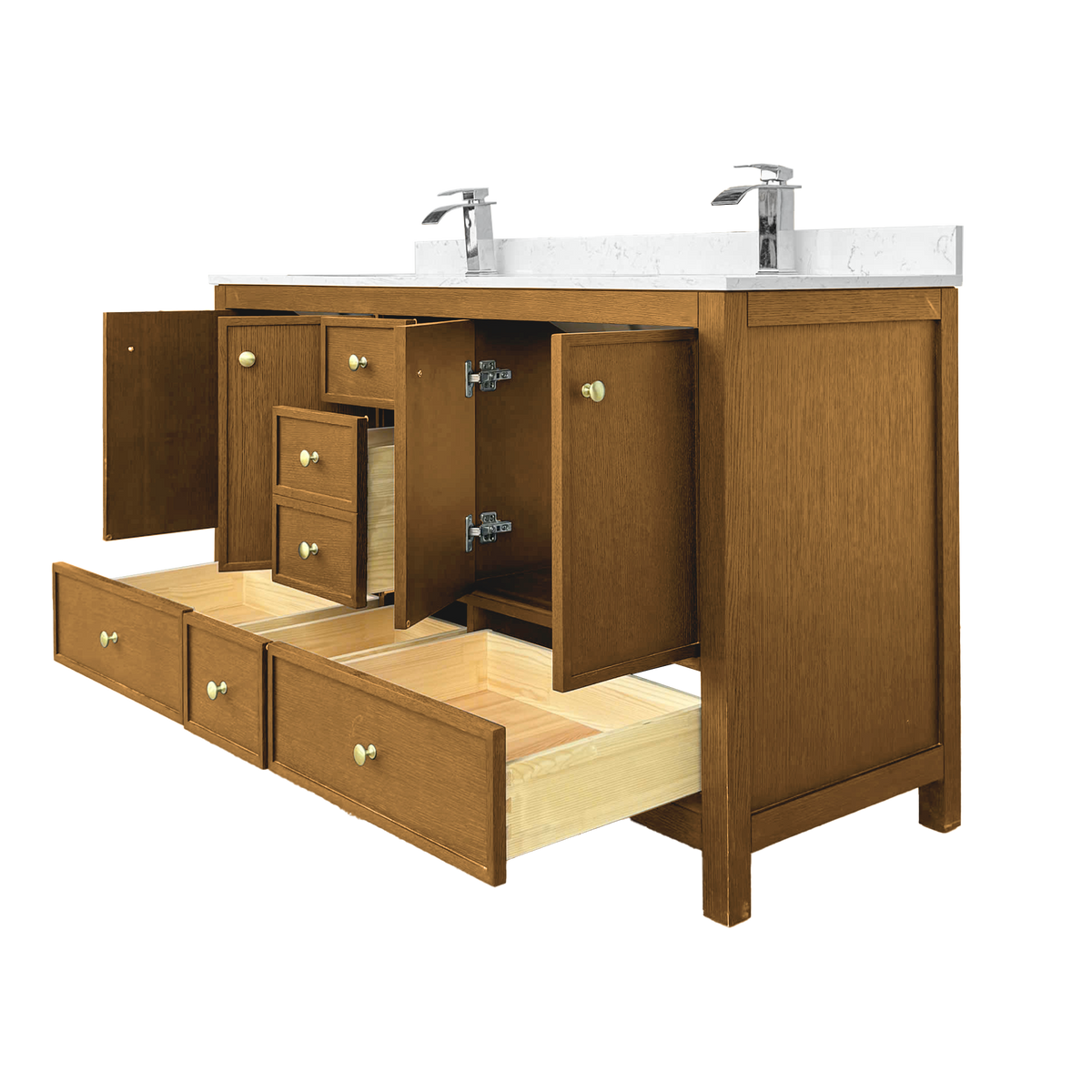 Medunjess 60" Freestanding Double Sink Bathroom Vanity Set with Engineered Stone Countertop & Dual Hardware Options - Natural Oak