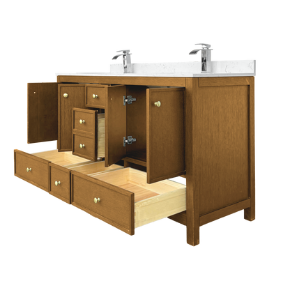 Medunjess 60" Freestanding Double Sink Bathroom Vanity Set with Engineered Stone Countertop & Dual Hardware Options - Natural Oak