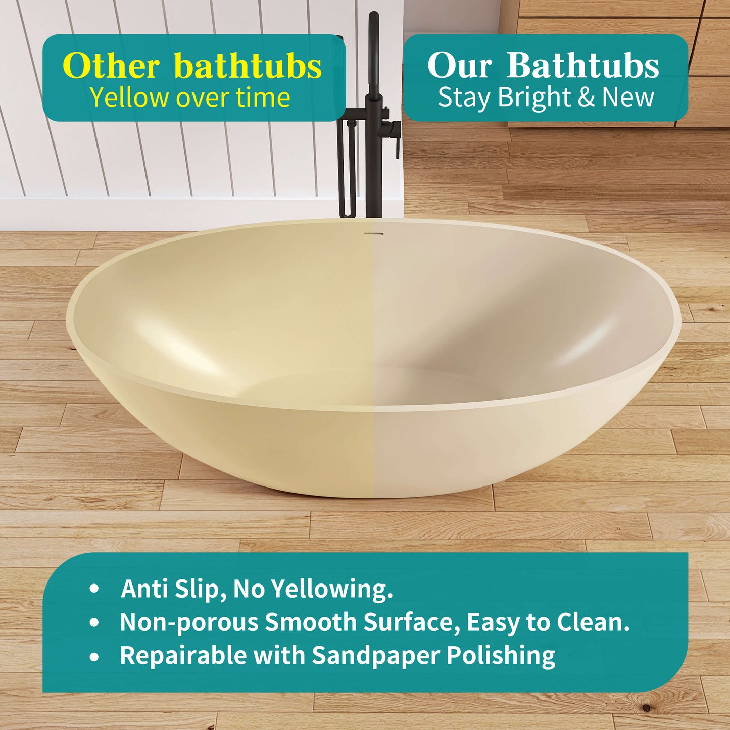 Medunjess 65'' Oval Luxury Resin Stone Soaking Tub,Milk-Coffee