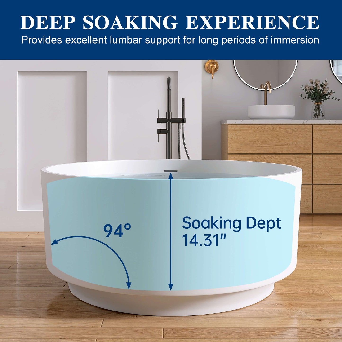Medunjess 49" Round Solid Surface Freestanding Soaking Tub for Small Bathrooms
