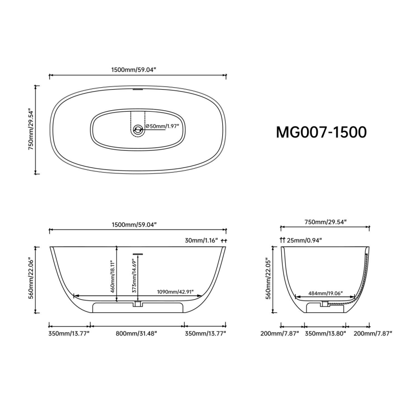 Medunjess 59.06'' x 29.53'' Freestanding Soaking Solid Surface Bathtub