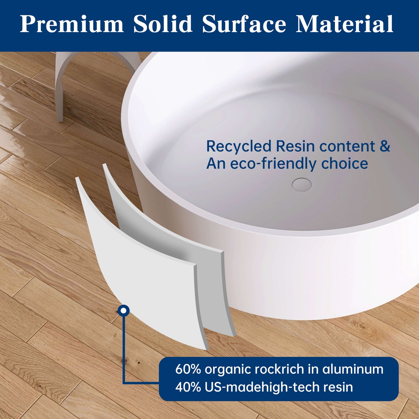 Medunjess 49" Round Solid Surface Freestanding Soaking Tub for Small Bathrooms