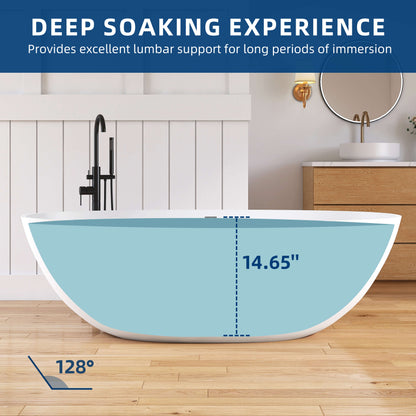 Bath tub with measurements and text about deep soaking experience in a bathroom setting.