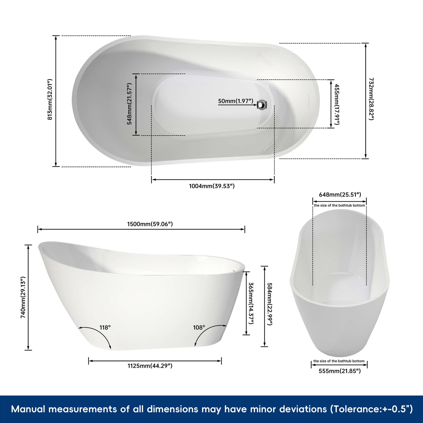 Medunjess 59” Legacy Freestanding acrylic bathtub