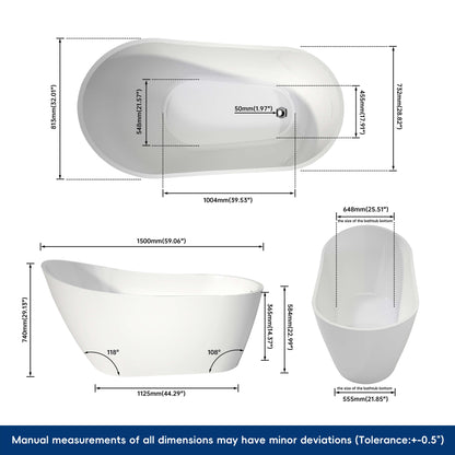 Medunjess 59” Legacy Freestanding acrylic bathtub