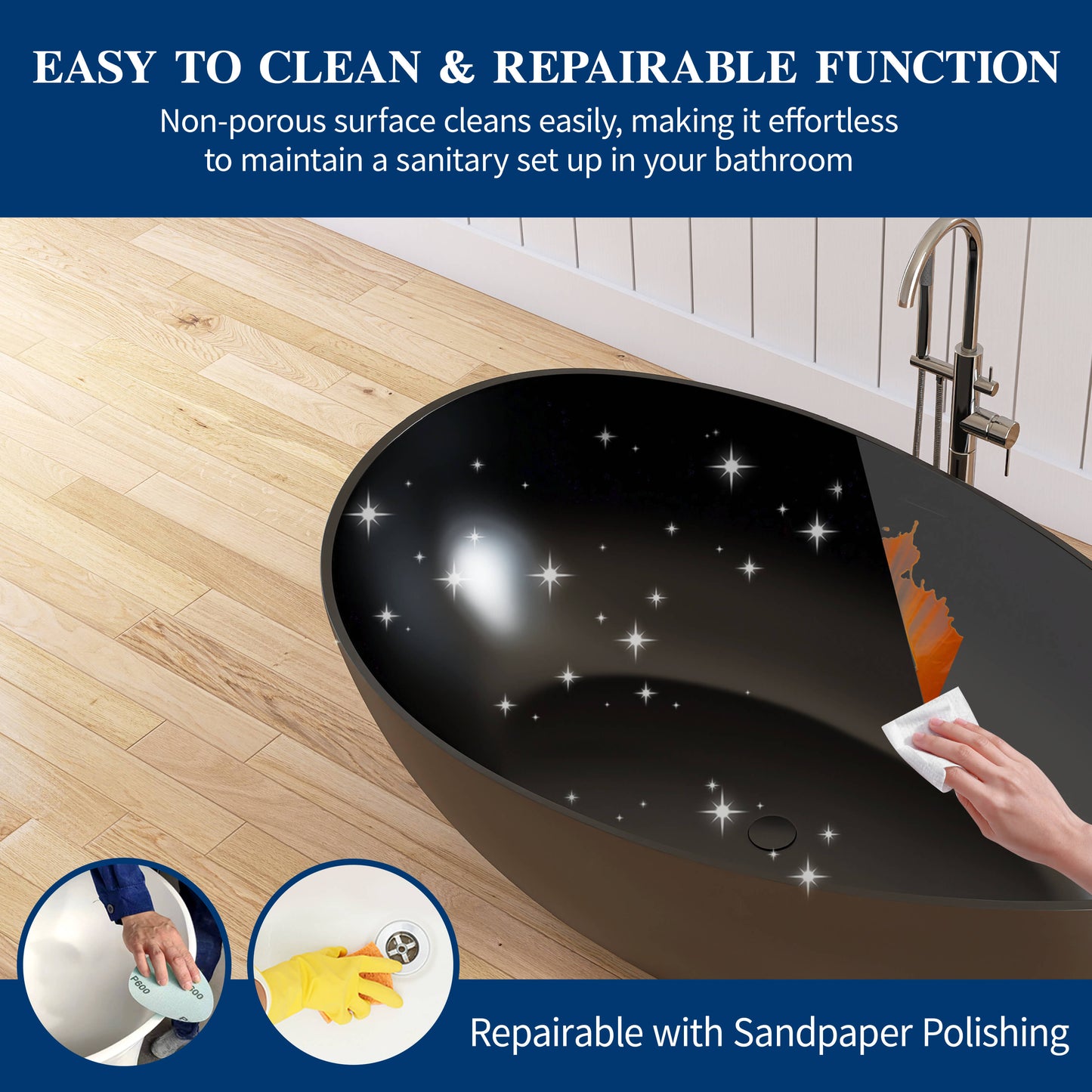 Medunjess 63" Wavy Freestanding Tub Solid Surface Freestadning Stone Resin Soaking Bathtub