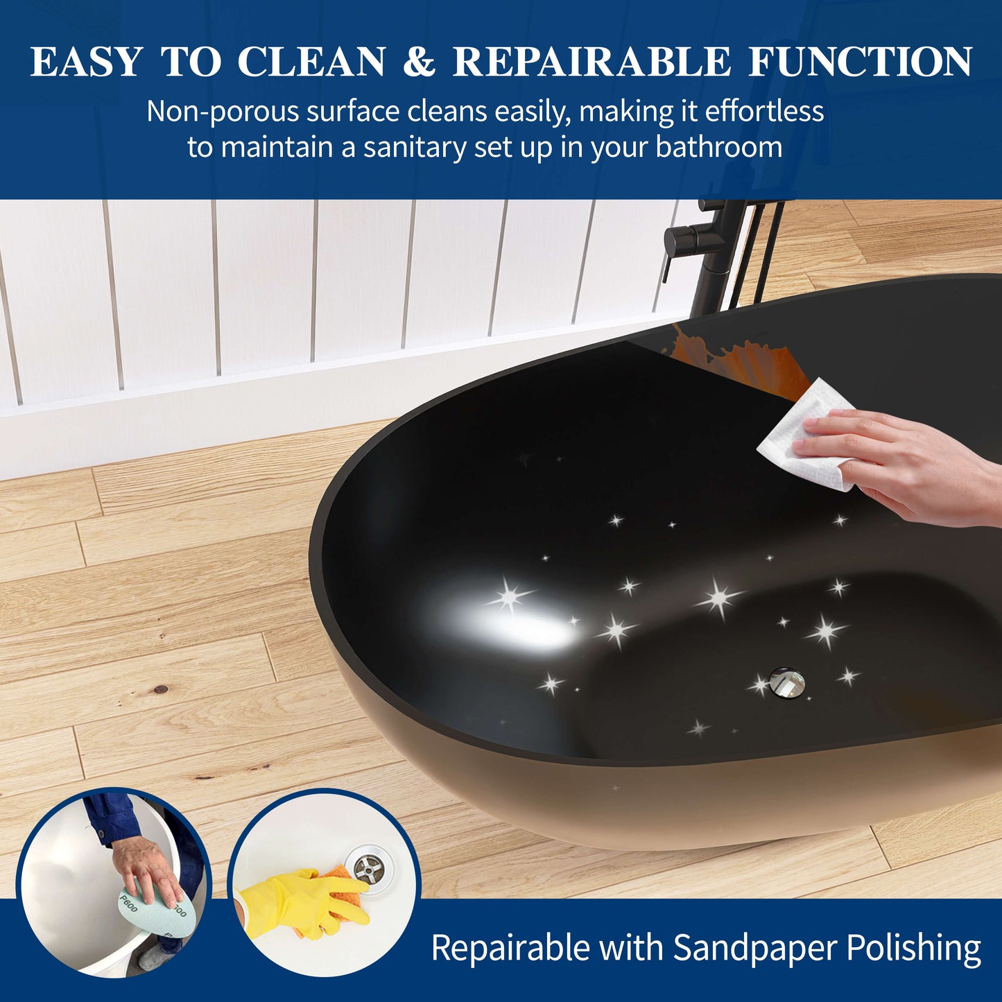 Medunjess 59'' Freestanding Tub Solid Surface Egg Shape Freestanding Soaking Tub,Black