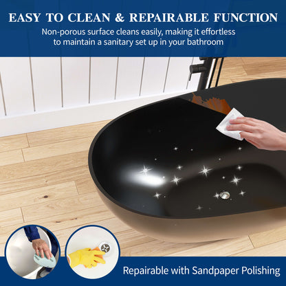 Medunjess 59'' Freestanding Tub Solid Surface Egg Shape Freestanding Soaking Tub,Black