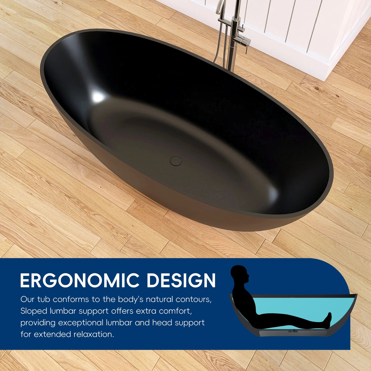 Medunjess 65'' Oval Luxury Resin Stone Soaking Tub,Black