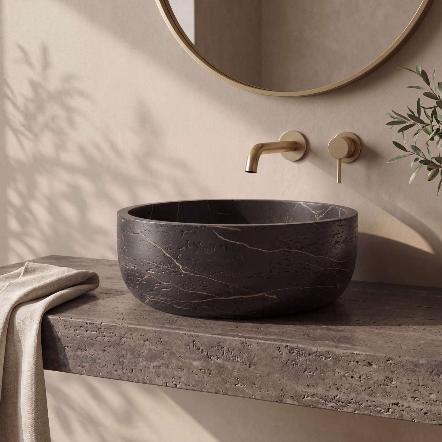 Medunjess 16" Round Solid Surface Stone Vessel Sink, Modern Black & Gold Marble Patterned Above