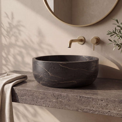 Medunjess 16" Round Solid Surface Stone Vessel Sink, Modern Black & Gold Marble Patterned Above