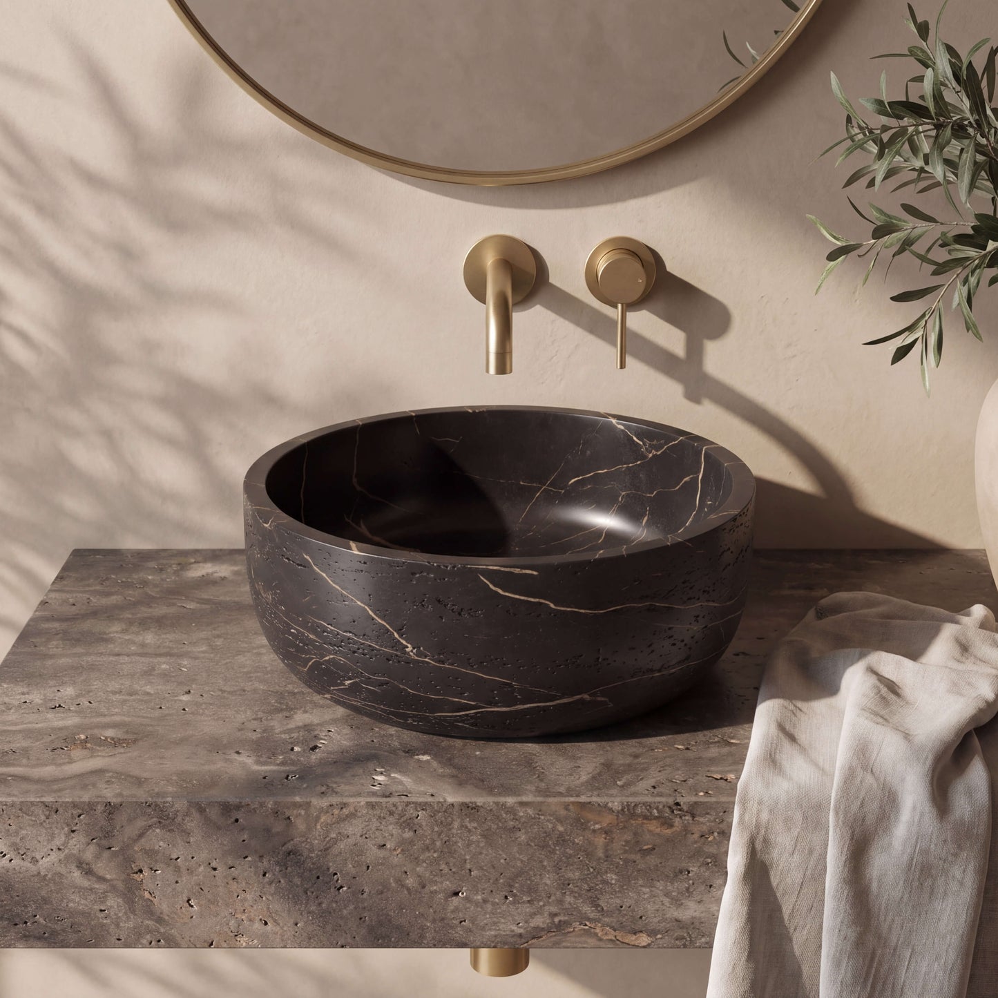 Medunjess 16" Round Solid Surface Stone Vessel Sink, Modern Black & Gold Marble Patterned Above