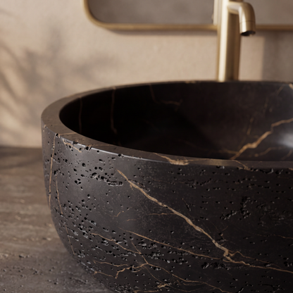 Medunjess 16" Round Solid Surface Stone Vessel Sink, Modern Black & Gold Marble Patterned Above