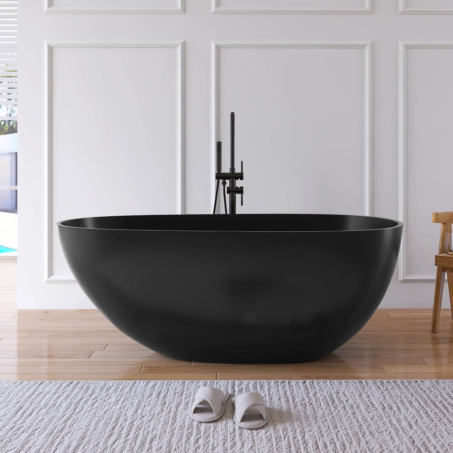 Medunjess 59'' Freestanding Tub Solid Surface Egg Shape Freestanding Soaking Tub,Black