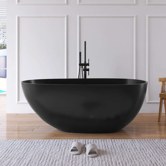 Medunjess 59'' Freestanding Tub Solid Surface Egg Shape Freestanding Soaking Tub,Black
