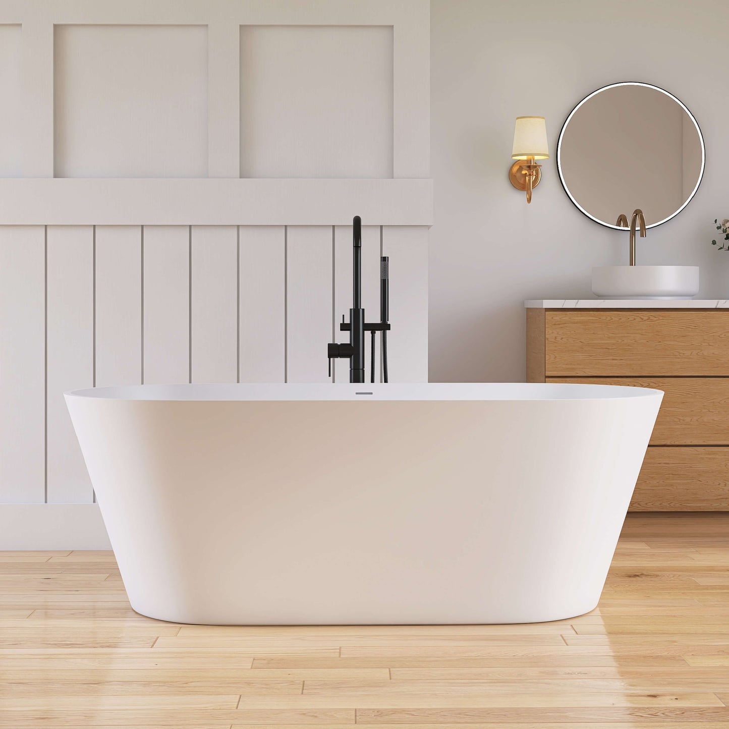 Medunjess 63'' Freestanding Tub Solid Surface Deep Freestanding Soaking Bathtub