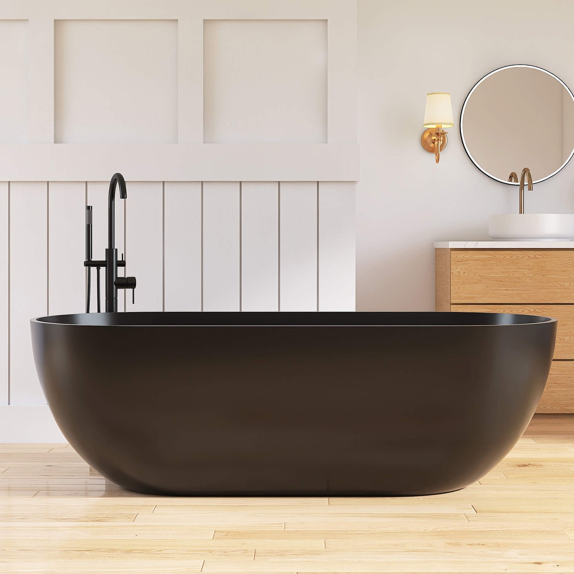 Modern bathroom with a black freestanding bathtub, wooden vanity, and white walls.