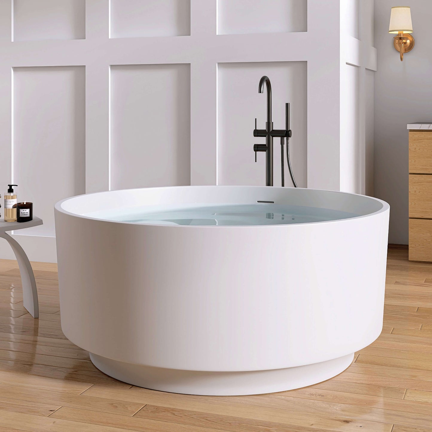 Medunjess 49" Round Solid Surface Freestanding Soaking Tub for Small Bathrooms