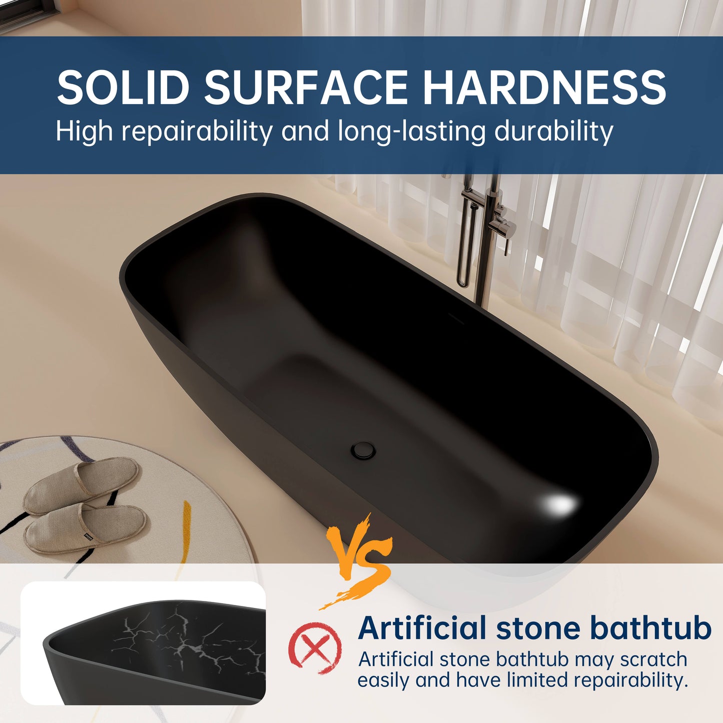 Medunjess 67'' Freestanding Soaking Bathtub Solid Surface Soaking Tubs in Matte Black